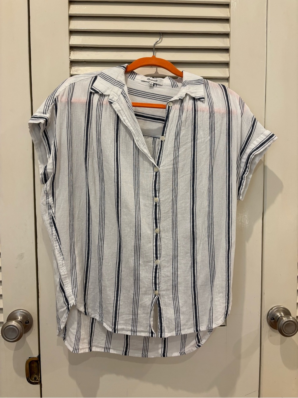 Women’s Short-Sleeve Button Shirt in White with Navy Stripes - Madewell
